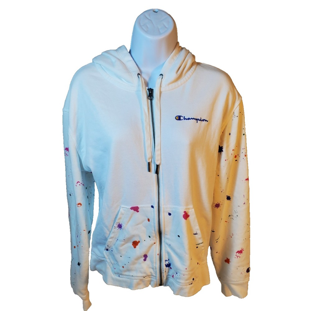 Champion Hoodie Women's M Full Zip Paint Splatter Print White Hooded Jacket
